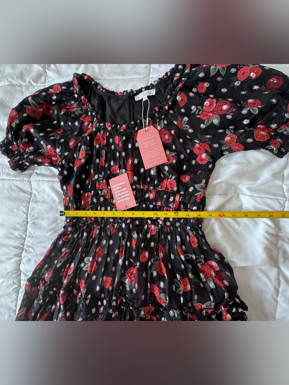 Ivy City Co Black Maxi Dress with Red Floral Print and silver polka dots. - Picture 6 of 10